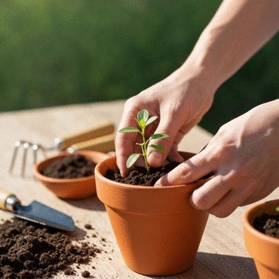Ręce sadzące małą egzotyczną roślinę w doniczce