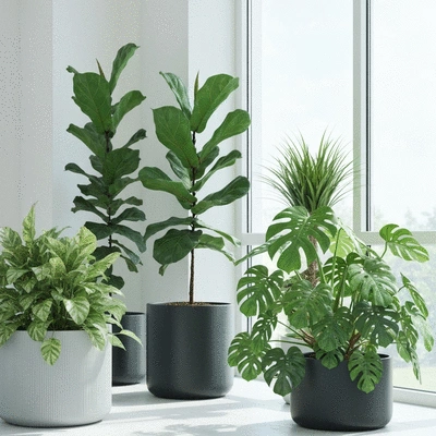 Różnorodne egzotyczne rośliny doniczkowe w nowoczesnym wnętrzu, naturalne światło