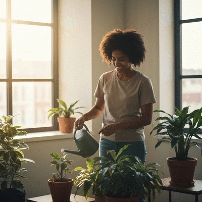 Osoba podlewająca rośliny doniczkowe w dobrze oświetlonym pomieszczeniu, no text, no words, no typography, clean image