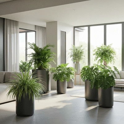 Różnorodne zdrowe rośliny egzotyczne w jasnym, nowoczesnym wnętrzu