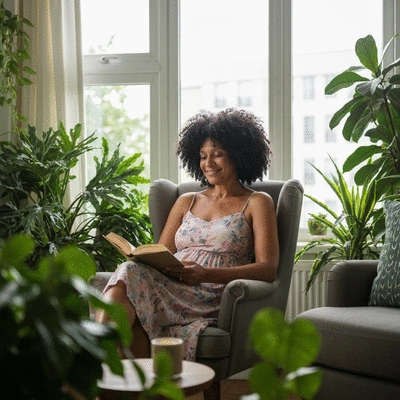 Osoba relaksująca się w salonie zaaranżowanym w stylu urban jungle, otoczona roślinami, czytająca książkę, spokojna atmosfera