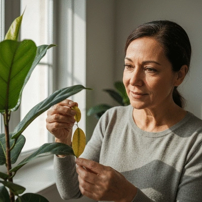 Person inspecting a Ficus plant's leaves for yellowing and dropping, in a bright home environment, no text, no words, no typography