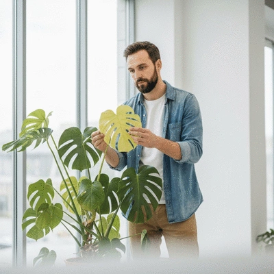 Person inspecting a monstera plant for yellow leaves
