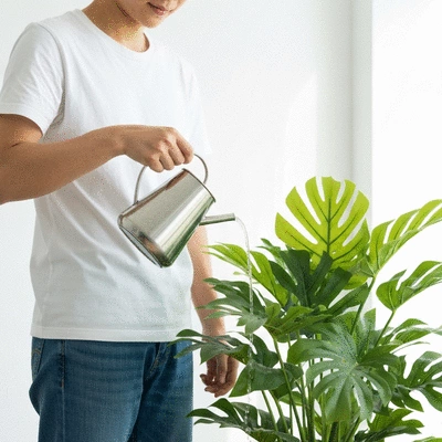 Person watering a healthy tropical plant, showing care and prevention
