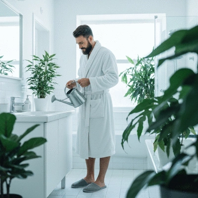 Person watering a plant in a bright bathroom