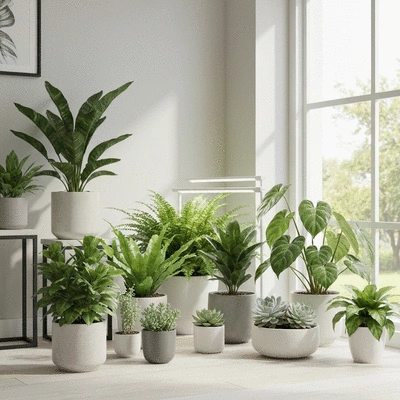 Różne rośliny doniczkowe w domu, oświetlone światłem LED, no text, no words, no typography, clean image