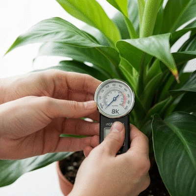 Close-up of hands checking soil moisture in a potted exotic plant, with a hygrometer