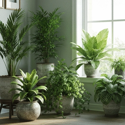 Różnorodne egzotyczne rośliny w eleganckich doniczkach, tworzące zielony kącik w domu