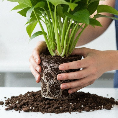 Ręce przesadzające roślinę doniczkową, nowe, świeże podłoże, zdrowe korzenie, czyste środowisko