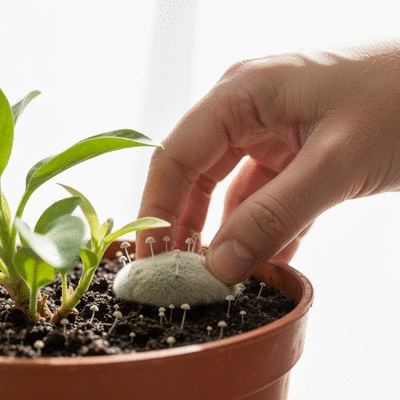 Ręka pielęgnująca roślinę doniczkową z widoczną pleśnią na ziemi, skupienie na małych grzybach