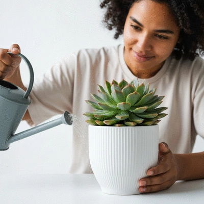 Person watering a healthy exotic plant