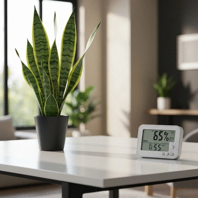 Hygrometer showing optimal humidity level for plants, next to a healthy tropical plant