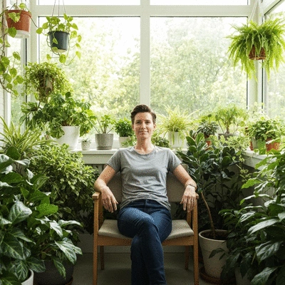 Person relaxing in a room filled with lush green plants, promoting a sense of calm and well-being, no text, no words, no typography, clean image