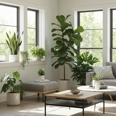 Różnorodne rośliny doniczkowe w nowoczesnym wnętrzu, naturalne światło