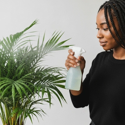 Close-up of a person misting a healthy palm plant with a spray bottle, in a bright and clean indoor setting, no text, no words, no typography
