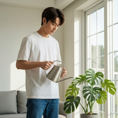 Person watering an exotic plant with a stylish watering can in a bright room