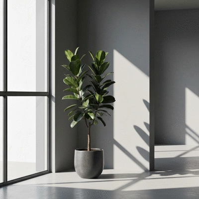 Minimalistyczna aranżacja wnętrza z dużą rośliną w prostej donicy, czyste linie, dużo światła, no text, no words, no typography, clean image
