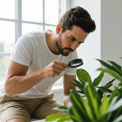Person inspecting tropical plant leaves for pests with a magnifying glass