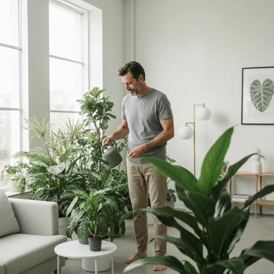 Kobieta podlewa egzotyczne rośliny doniczkowe w jasnym salonie, spokojna atmosfera