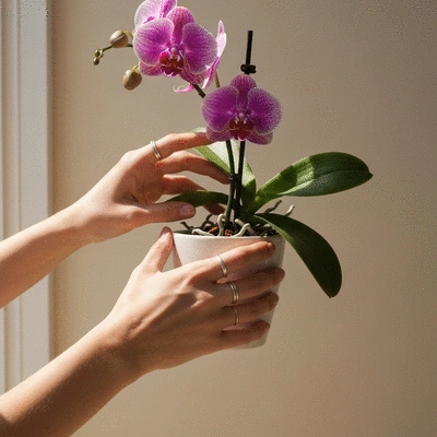 Ręce pielęgnujące roślinę egzotyczną w doniczce