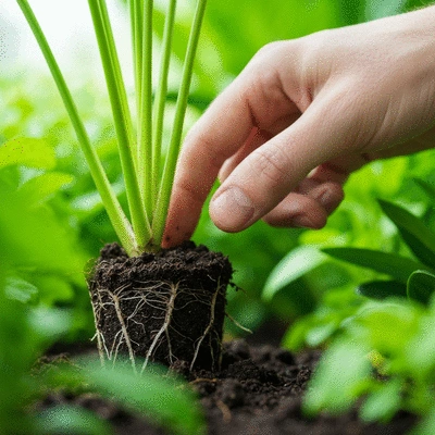 Close-up of a hand checking a plant's soil moisture with a finger, with lush green plants in the background