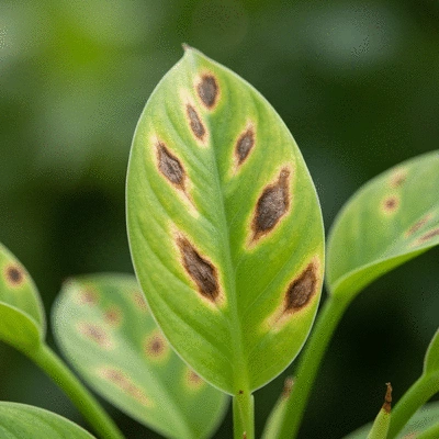 Close-up of a houseplant leaf with brown spots, indicating a problem