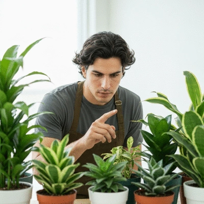 Person checking soil moisture with a finger, surrounded by lush exotic plants