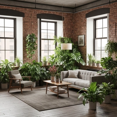 Przytulny salon w stylu dżungli miejskiej z wieloma roślinami w różnych rozmiarach i kształtach, no text, no words, no typography, clean image