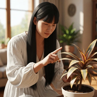 Person checking soil moisture in a potted exotic plant