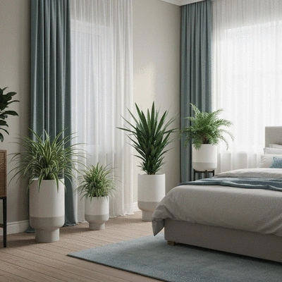 Relaxing bedroom with several green plants