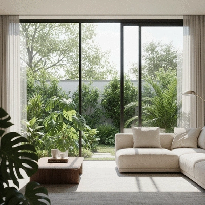 Modern living room with large windows overlooking a lush garden, filled with houseplants, creating a serene and harmonious environment, no text, no words, no typography, clean image