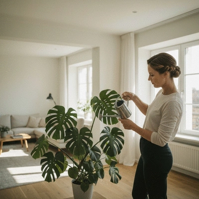 Person watering a large monstera plant with a small watering can in a bright, modern living room