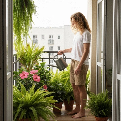 Osoba podlewająca egzotyczne rośliny na małym balkonie