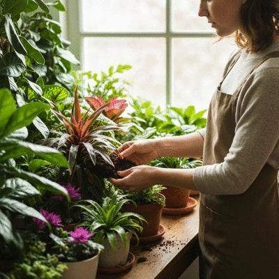 Osoba pielęgnująca egzotyczne rośliny w ogrodzie zimowym