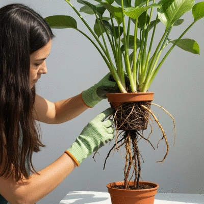 Person inspecting plant roots for rot