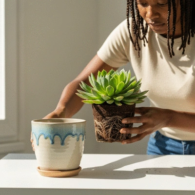 Person repotting a houseplant, showing the roots and a new, slightly larger pot, clean and bright environment