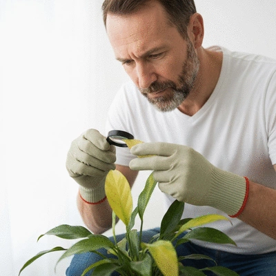 Person inspecting a houseplant's leaves for signs of yellowing or disease, with gardening gloves and a small magnifying glass, on a clean, bright background, no text, no words, no typography, no labels, clean image