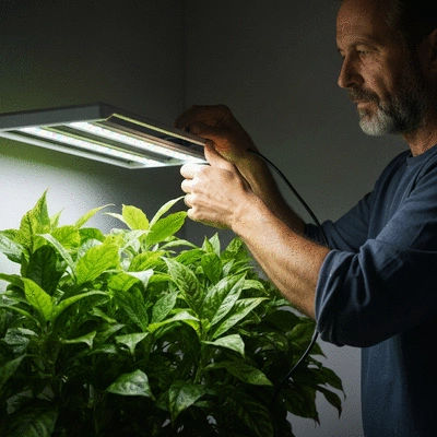 Osoba ustawiająca lampę LED grow nad rośliną domową