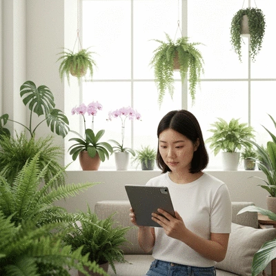 Person downloading a PDF guide on plant care on a tablet, with lush green plants in the background