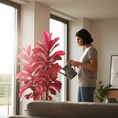 Osoba podlewająca egzotyczną roślinę w nowoczesnym wnętrzu, pokazująca łatwość pielęgnacji