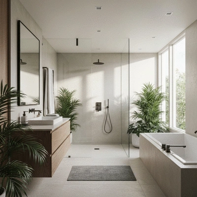 Tropical plants in a modern bathroom with natural light