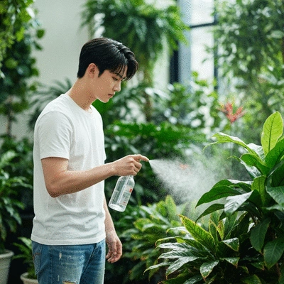 Kobieta spryskująca liście rośliny egzotycznej