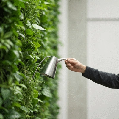Hand watering a section of a vibrant green living wall indoors
