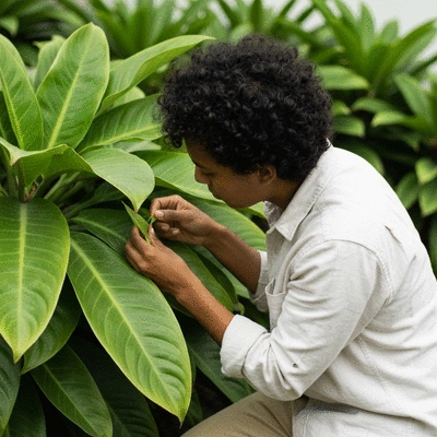 Person inspecting exotic plant leaves for signs of disease or pests, close-up, natural light, no text, no words, no typography, clean image