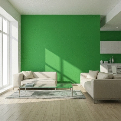 Modern living room with a vibrant green wall as a focal point